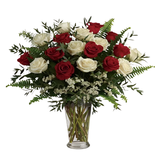 Harmonia das Cores: Buquê Sofisticado de Rosas Vermelhas e Brancas