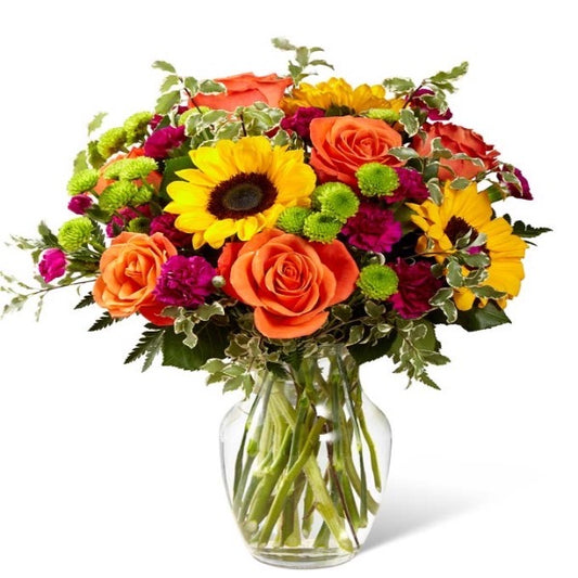 Rays of Joy: Stunning Arrangement with Sunflowers and Roses