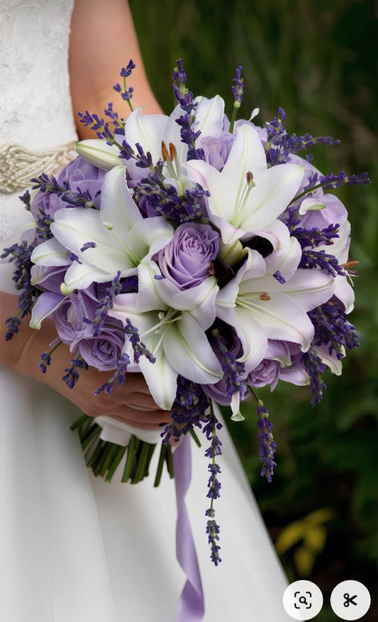 Elegant Bridal Bouquet with White Lilies and Lavender