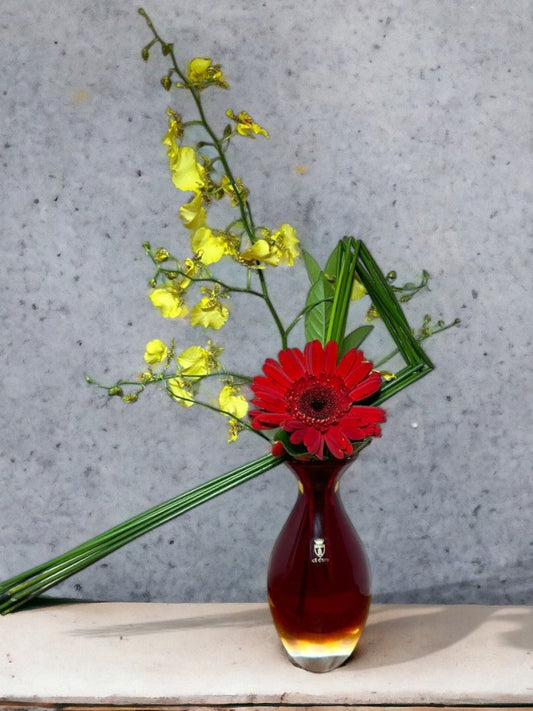 Arranjo Natural com Gerbera e Orquidea em Vaso Cristal Murano