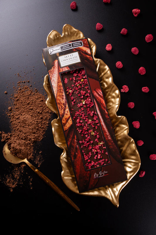 Chocolate artesanal 82G do chef francês Orphée com framboesas e ouro 24K – uma joia gourmet