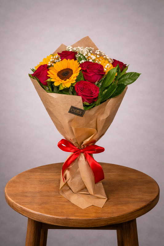 Buquê de Rosas Vermelhas com Girassóis