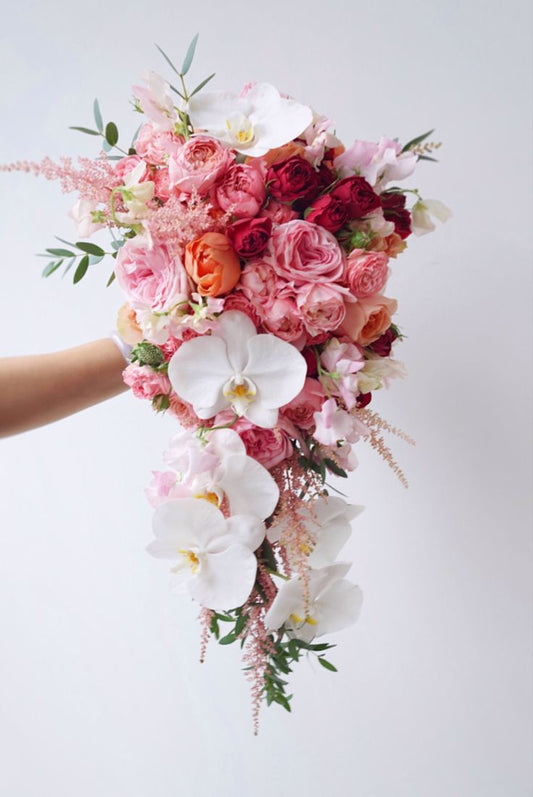 Romantic Cascading Bridal Bouquet with Peonies, Orchids and Roses