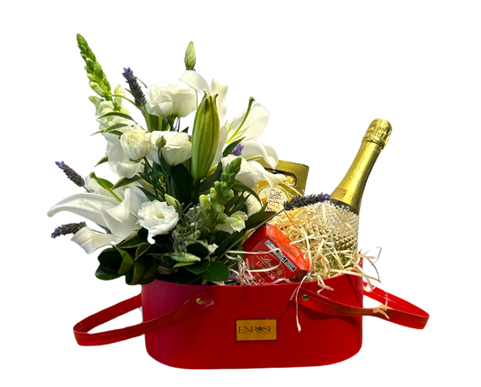 Basket of White Flowers with Orchids and Freixenet Sparkling Wine - A Luxury Gift