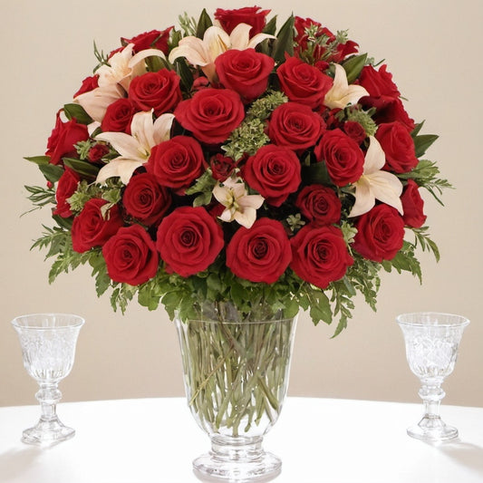 Arranjo de Rosas Vermelhas e Lírios - Símbolo de Elegância