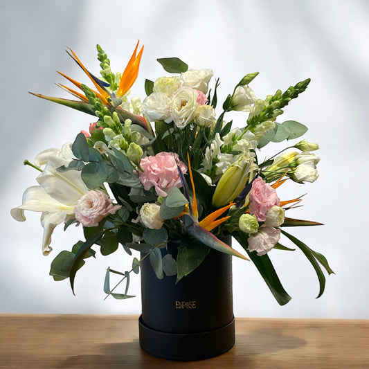 Arranjo de Flores Exóticas em Caixa Preta - Elegância e Distinção