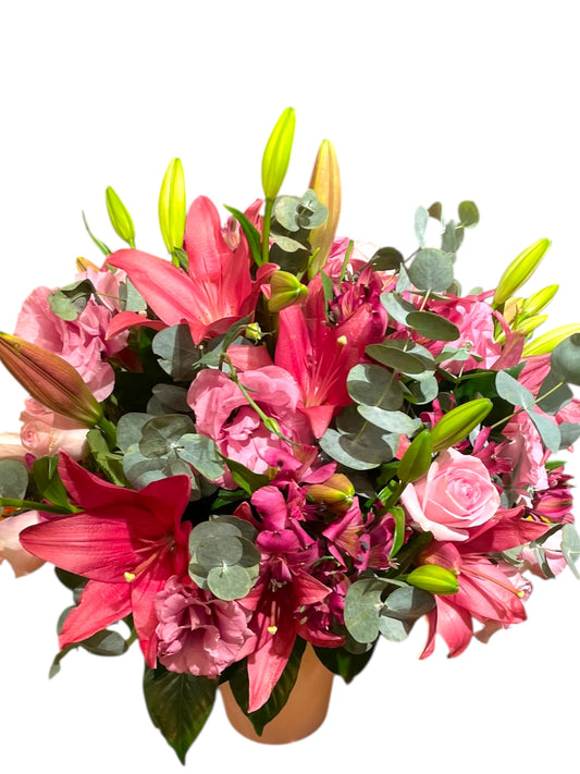 Arranjo Romântico com Lírios, Rosas e Lisianthus em Vaso Moderno | ENROSE