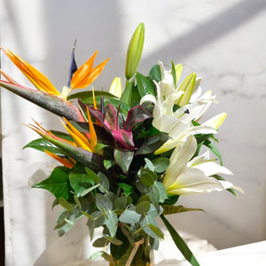 Arranjo Elegante com Lírios Brancos e Ave-do-Paraíso em Vaso de Vidro | ENROSE