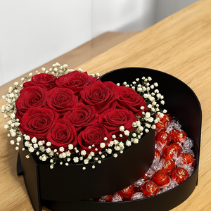 Caixa Coração Dupla com Rosas Vermelhas e Chocolates Lindt – Exclusiva ENROSE