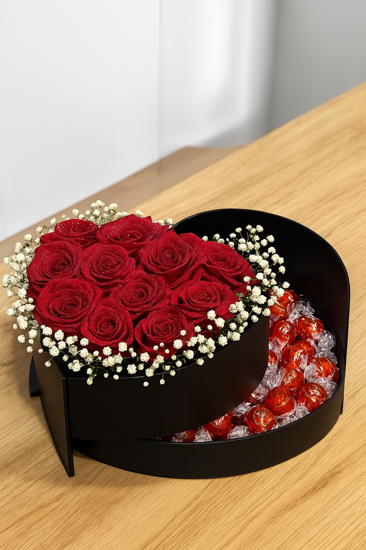 Caixa Coração Dupla com Rosas Vermelhas e Chocolates Lindt – Exclusiva ENROSE