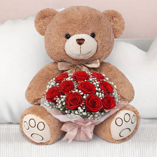 Ursinho com Buquê de 10 Rosas Vermelhas