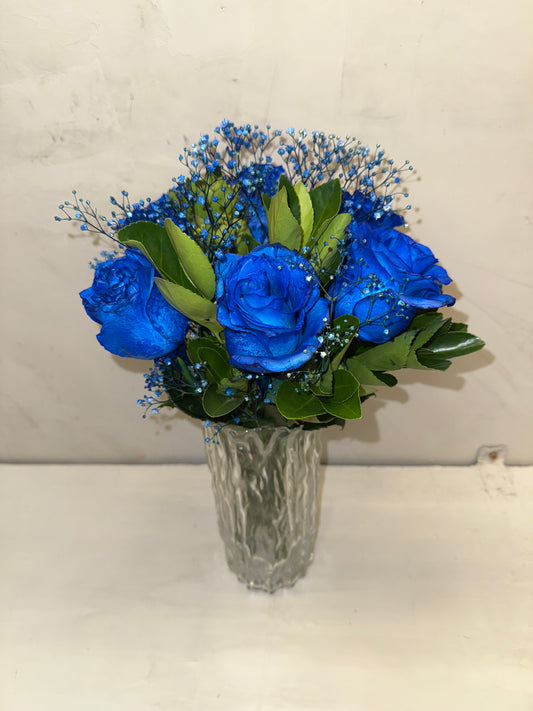 Arranjo Masculino azul com vaso vidro
