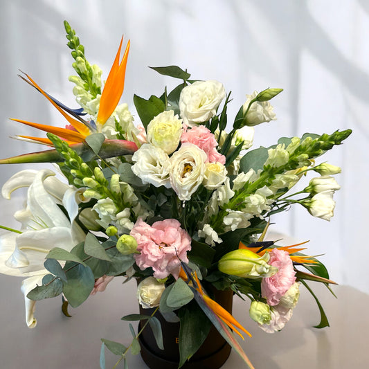 Arranjo de Flores Exóticas em Caixa Preta - Elegância e Distinção