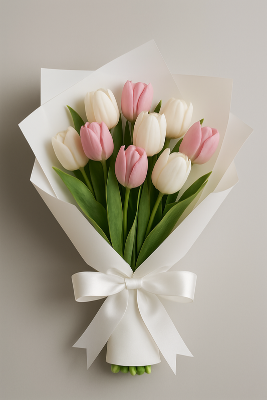 Buquê de Tulipas Brancas e Rosas com Embalagem Branca Luxuosa