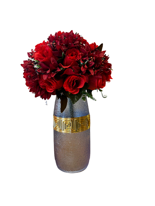Arranjo de Rosas e Mini Lírios Artificial com Vaso de Vidro