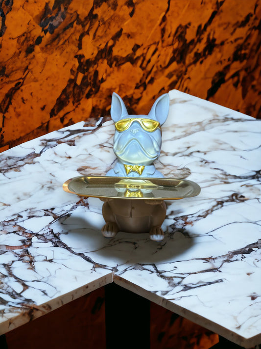 GRAY SITTING DOG FIGURINE WITH GOLDEN TRAY 23 CM RESIN