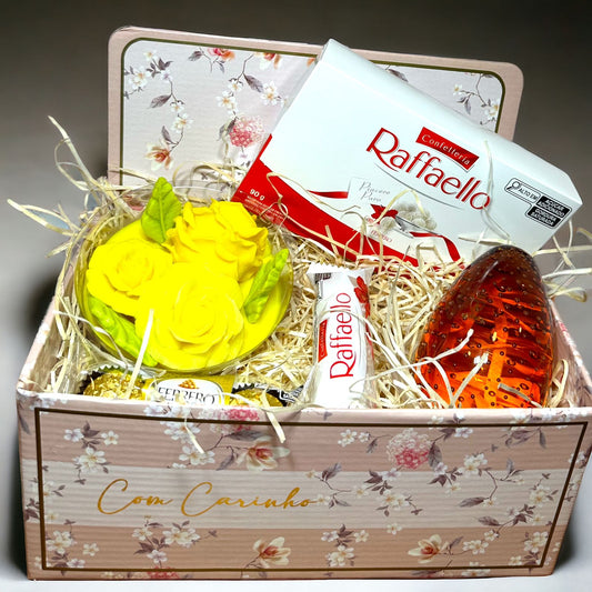 Caixa de Presentes Com Carinho - Uma Seleção Artesanal de Chocolates e Beleza”.