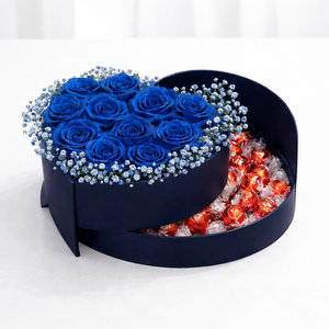 Coração Azul Luxo com Rosas Colombianas e Lindt – ENROSE
