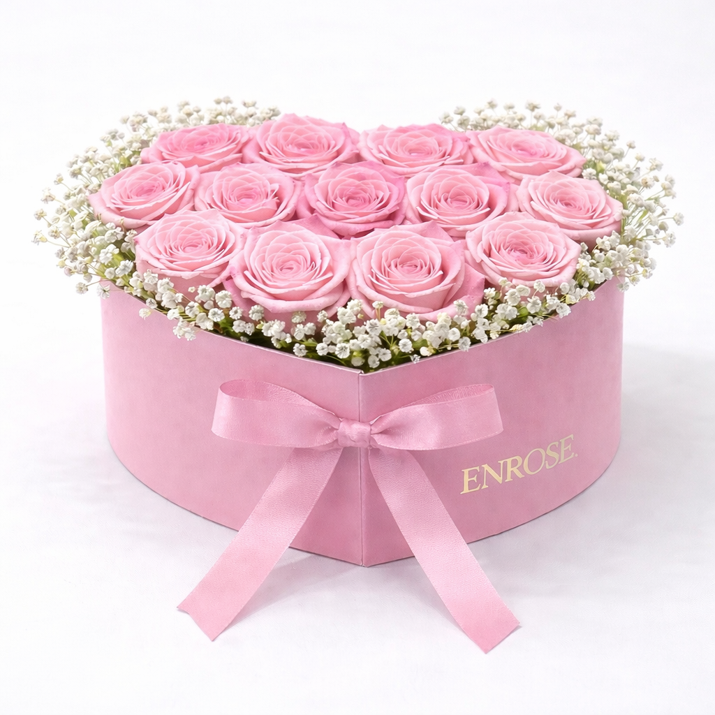 Coração Rosa Luxo com Rosas Colombianas e Lindt – ENROSE