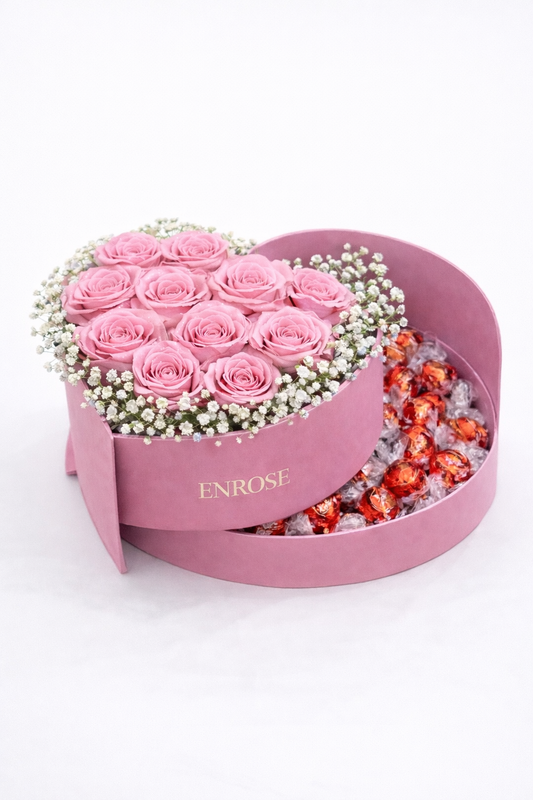 Coração Rosa Luxo com Rosas Colombianas e Lindt – ENROSE