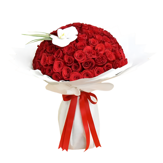 Espírito Romântico: Buquê de 100 Rosas Vermelhas Colombianas com uma Orquídea