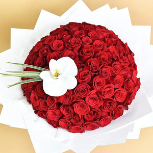 Espírito Romântico: Buquê de 100 Rosas Vermelhas Colombianas com uma Orquídea