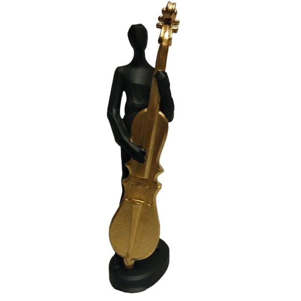 ESTATUETA MÚSICO COM VIOLONCELO PRETO/DOURADO 35 CM RESINA